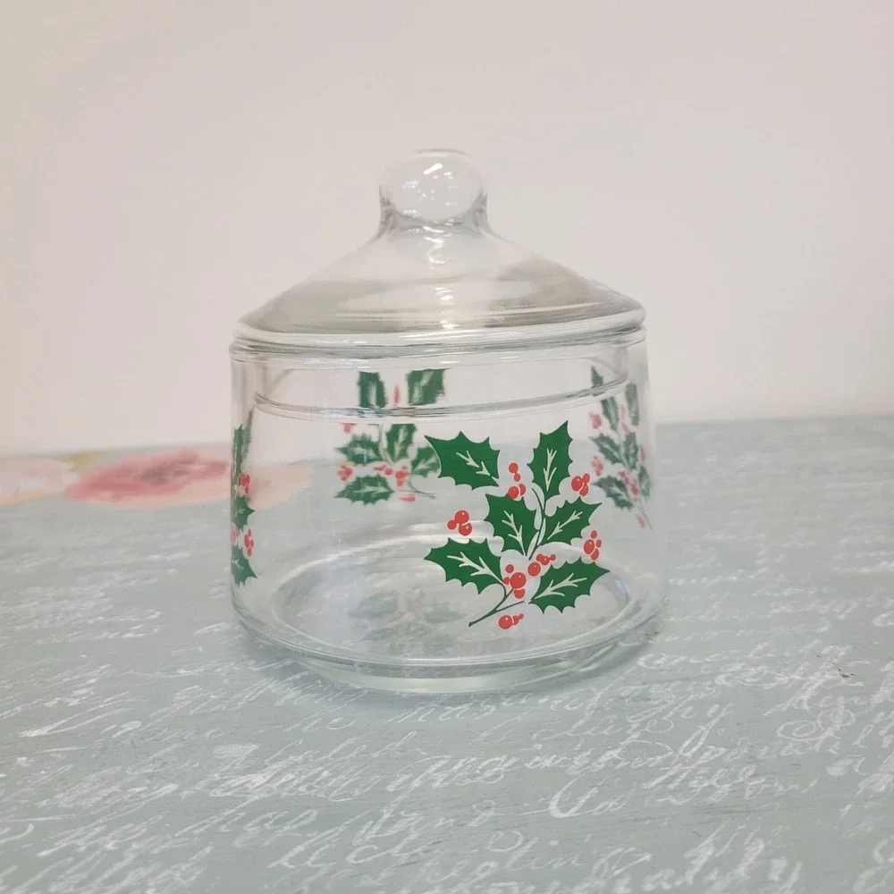 Vintage Indiana Glass Holly Berry Christmas Candy‎ Dish Jar w/ Lid Apothecary